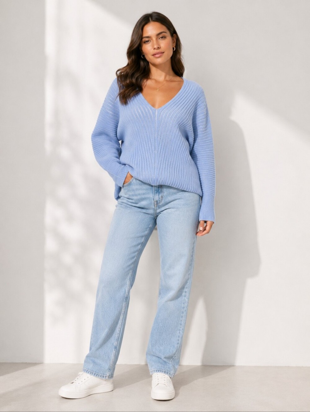 Dkny Light Blue Ribbed V-Neck Sweater